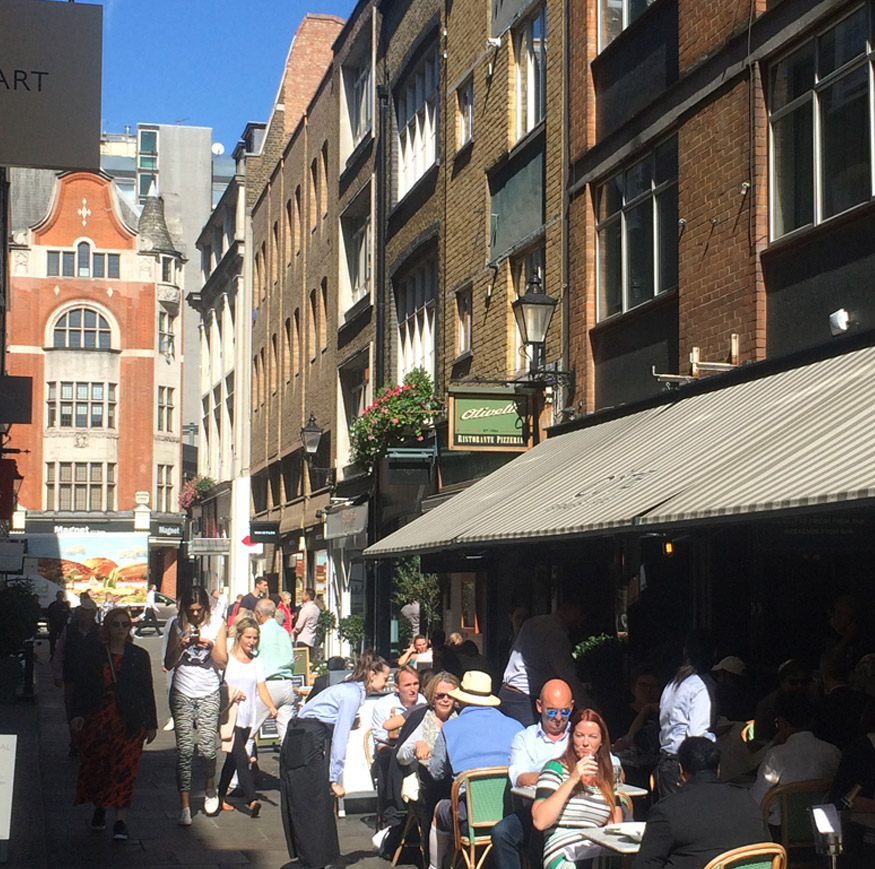 Diners on Saint Christopher's Place in London's Marylebone