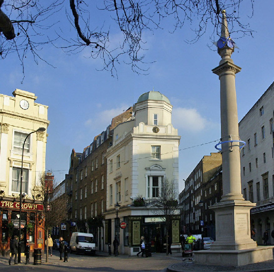 The Seven Dials monument and sundial in London's Seven Dials