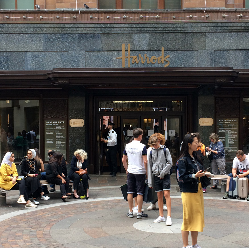 Shoppers at Harrods store entrance off Brompton Road