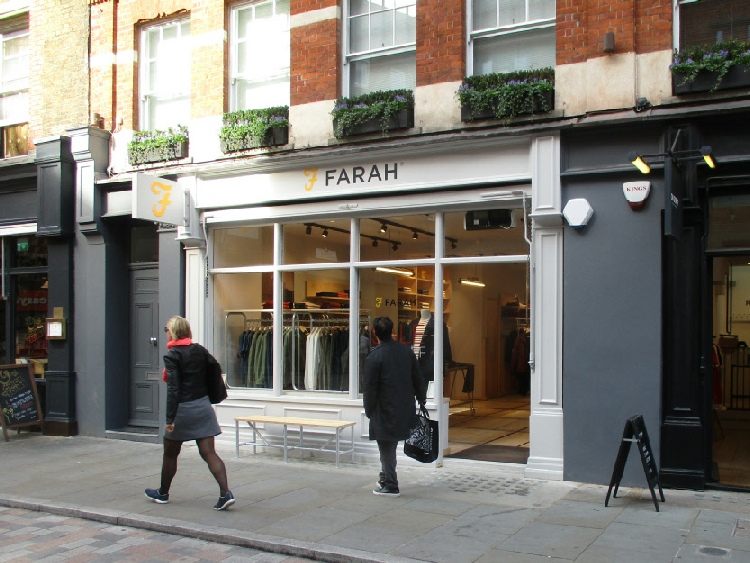 Farah menswear shop on Earlham Street in London, near Seven Dials