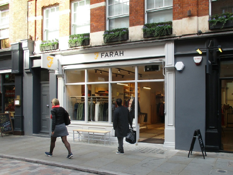 Farah menswear shop on Earlham Street in London near Seven Dials