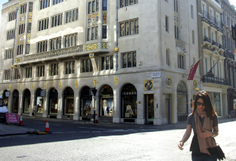 Salvatore Ferragamo shoe shop corner of Old Bond Street in London's Mayfair