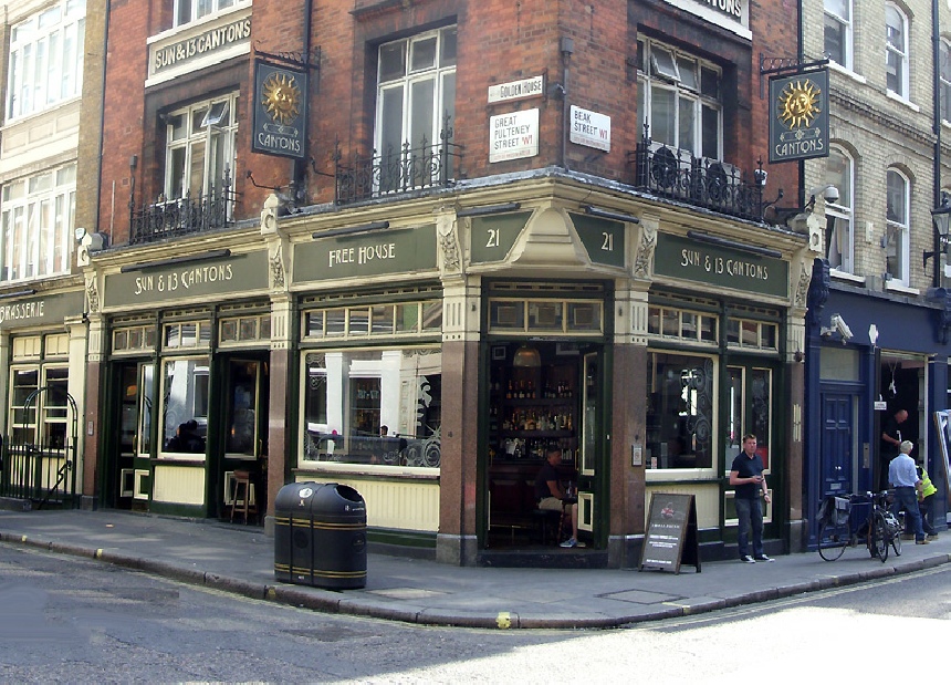Sun and 13 Cantons pub on Beak Street in London's Soho, near Carnaby