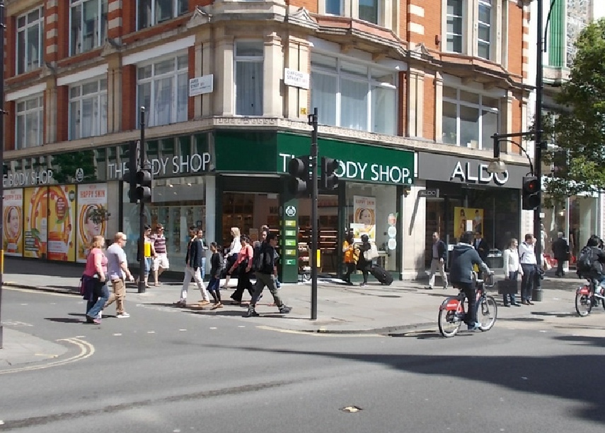 The Body Shop on London's Oxford Street, at corner of James Street