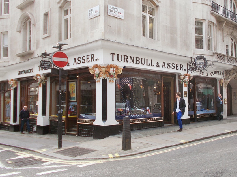 Turnbull and Asser menswear shop on Jermyn Street in London, corner of Bury Street