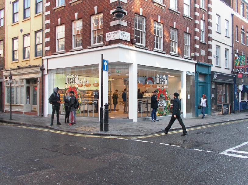 Wasabi, sushi and bento in London's Soho, corner of Old Compton Street and Dean Street