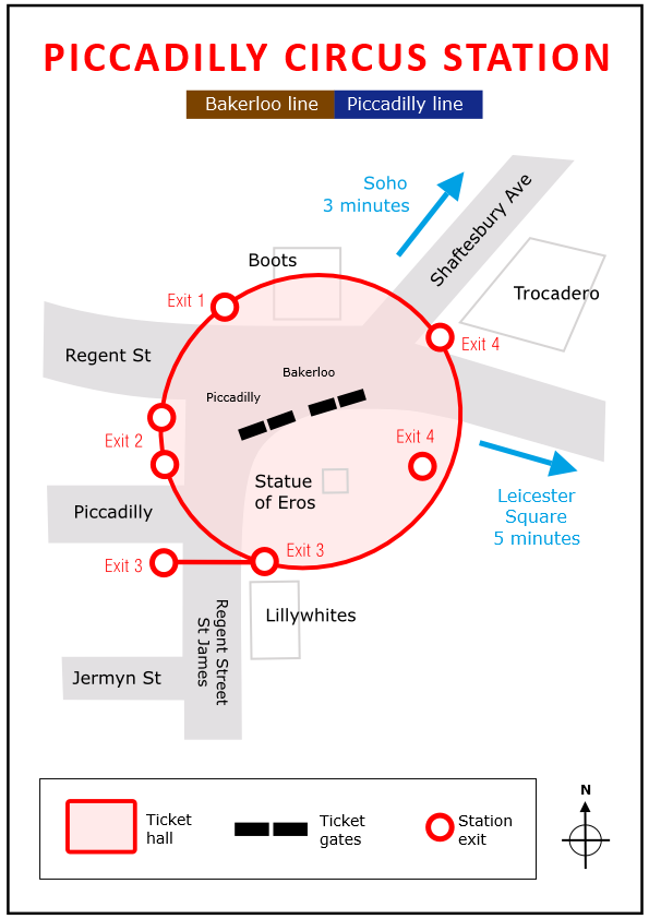 Plan of Piccadilly Circus underground station in London