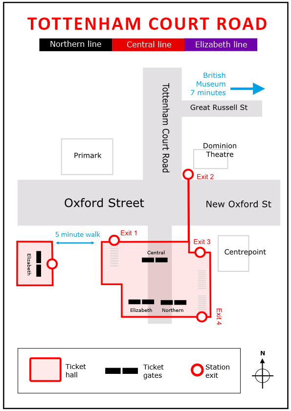 Plan of Tottenham Court Road underground station in London