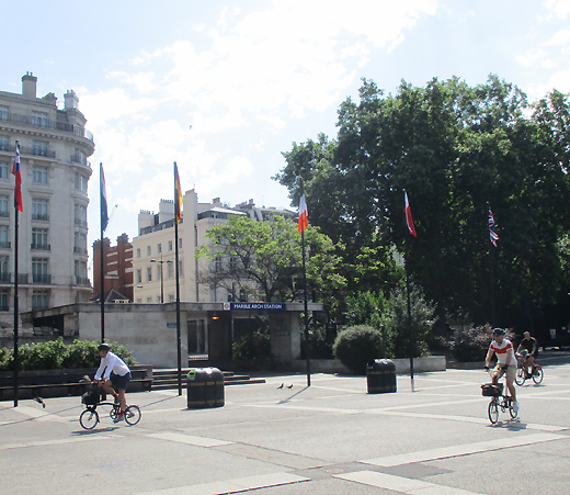 Marble Arch station exit near gates to Hyde Park